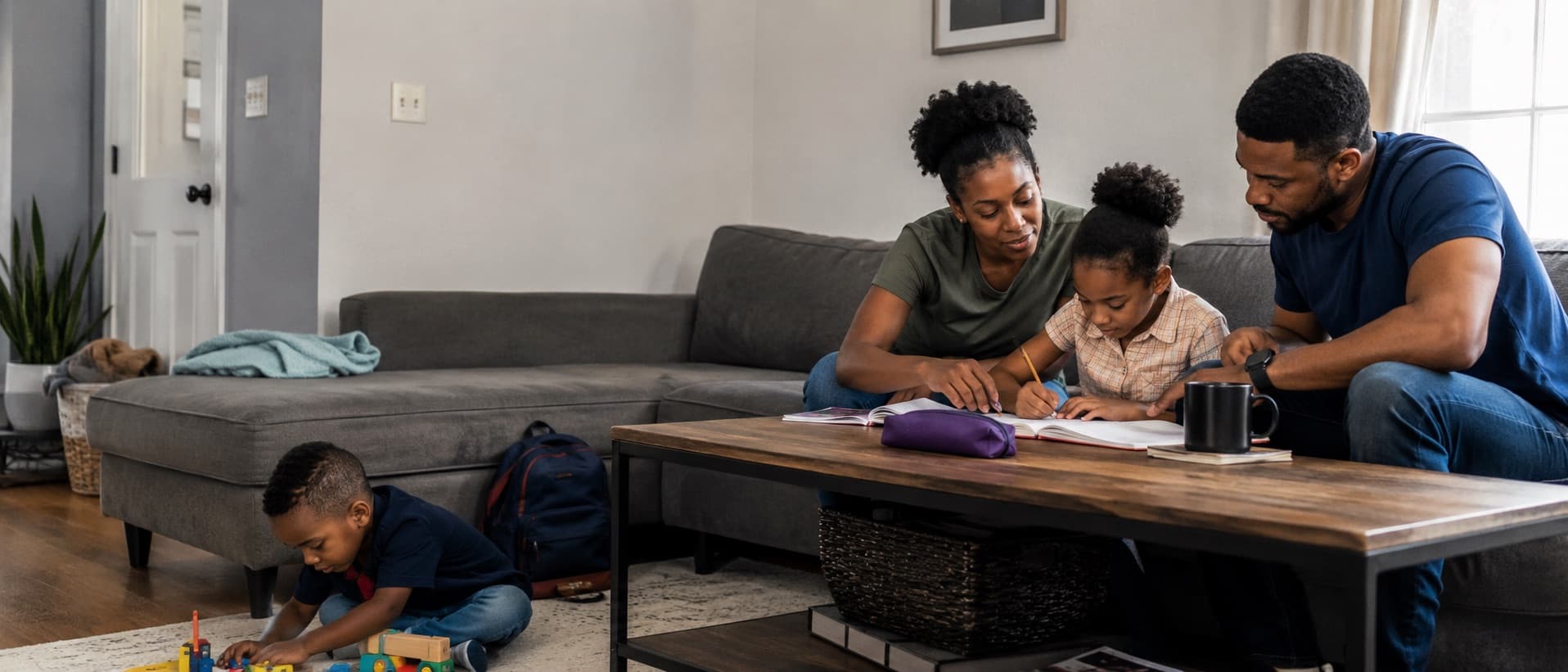 Parents helping their daughter with homework at the coffee table while her brother plays on the floor.